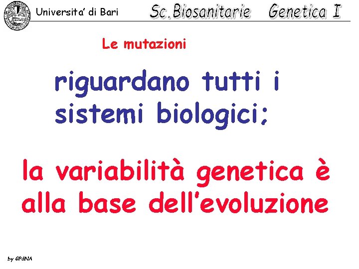 Universita’ di Bari Le mutazioni riguardano tutti i sistemi biologici; la variabilità genetica è