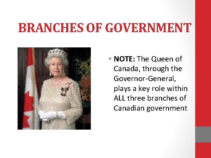 BRANCHES OF GOVERNMENT • NOTE: The Queen of Canada, through the Governor-General, plays a