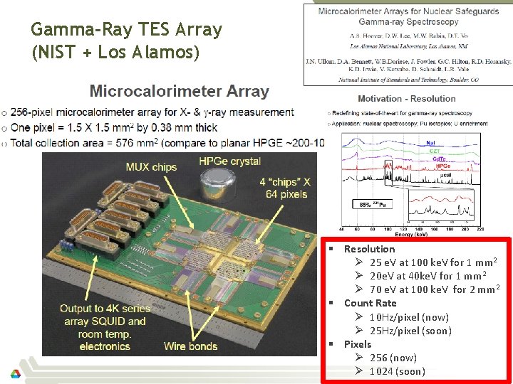 Gamma-Ray TES Array (NIST + Los Alamos) § Resolution Ø 25 e. V at