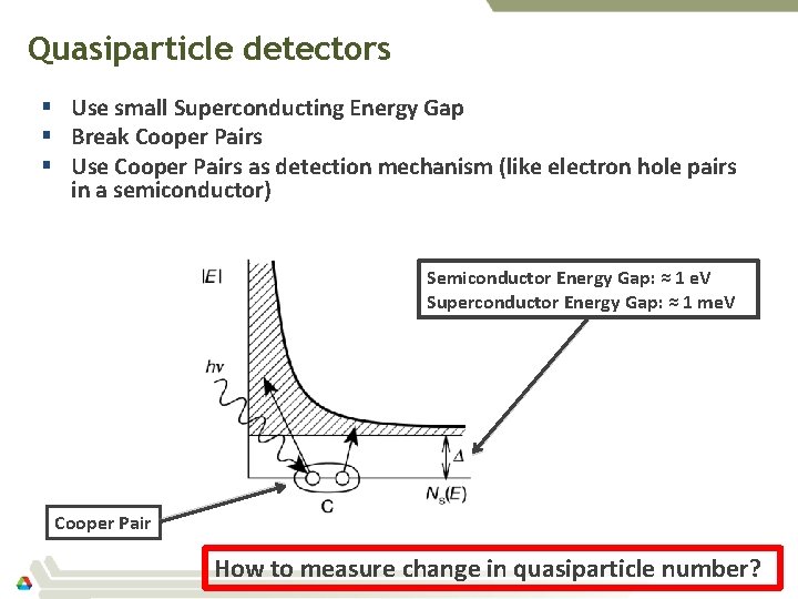 Quasiparticle detectors § Use small Superconducting Energy Gap § Break Cooper Pairs § Use