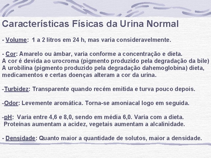 Características Físicas da Urina Normal - Volume: Volume 1 a 2 litros em 24