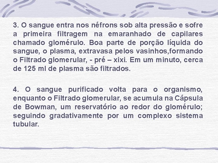 3. O sangue entra nos néfrons sob alta pressão e sofre a primeira filtragem