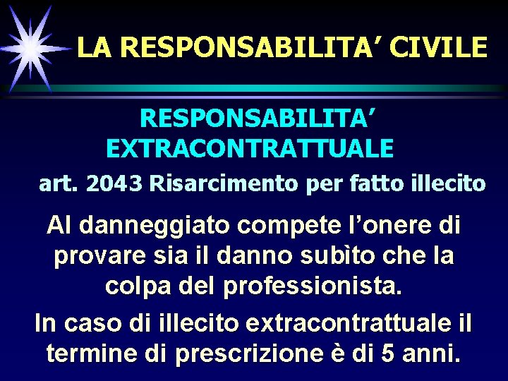 LA RESPONSABILITA’ CIVILE RESPONSABILITA’ EXTRACONTRATTUALE art. 2043 Risarcimento per fatto illecito Al danneggiato compete