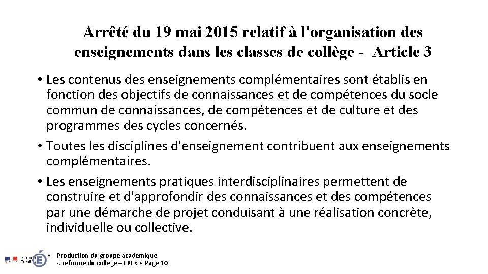 Arrêté du 19 mai 2015 relatif à l'organisation des enseignements dans les classes de