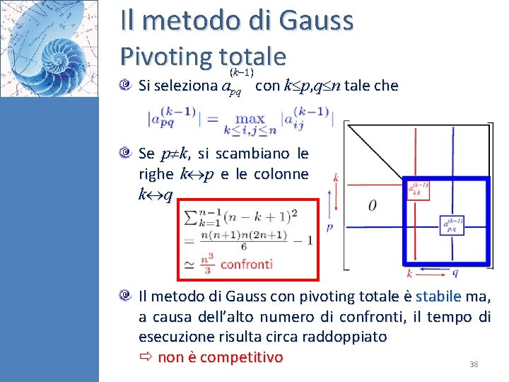 Il metodo di Gauss Pivoting totale (k 1) Si seleziona apq con k p, Il metodo di Gauss Pivoting totale (k 1) Si seleziona apq con k p,