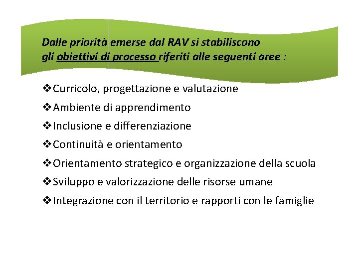 Dalle priorità emerse dal RAV si stabiliscono gli obiettivi di processo riferiti alle seguenti