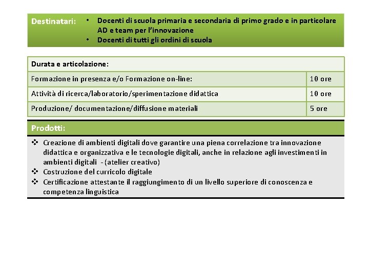 Destinatari: • • Docenti di scuola primaria e secondaria di primo grado e in