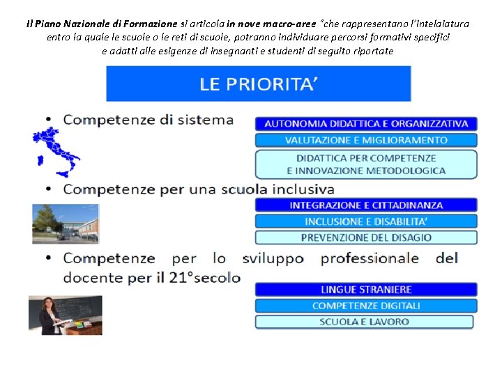 Il Piano Nazionale di Formazione si articola in nove macro-aree “che rappresentano l’intelaiatura entro