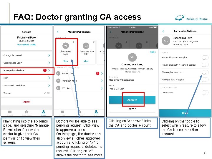 FAQ: Doctor granting CA access Navigating into the accounts page, and selecting “Manage Permissions”