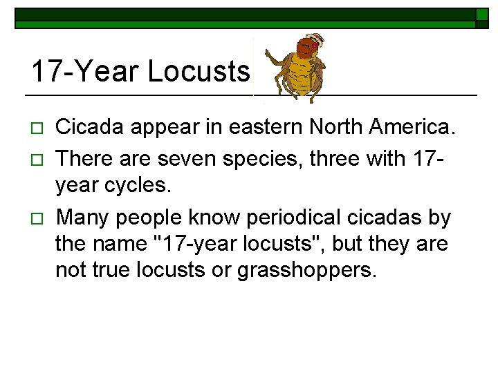 17 -Year Locusts o o o Cicada appear in eastern North America. There are