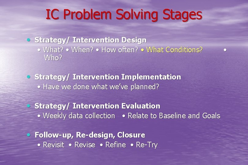 IC Problem Solving Stages • Strategy/ Intervention Design • What? • When? • How