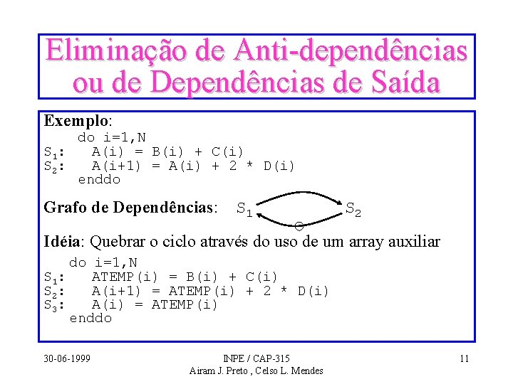 Eliminação de Anti-dependências ou de Dependências de Saída Exemplo: do i=1, N S 1: