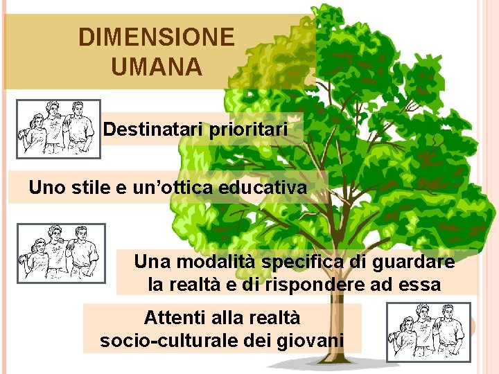 DIMENSIONE UMANA Destinatari prioritari Uno stile e un’ottica educativa Una modalità specifica di guardare