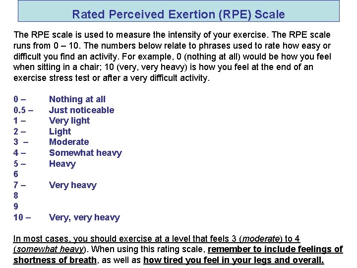 Rated Perceived Exertion (RPE) Scale The RPE scale is used to measure the intensity