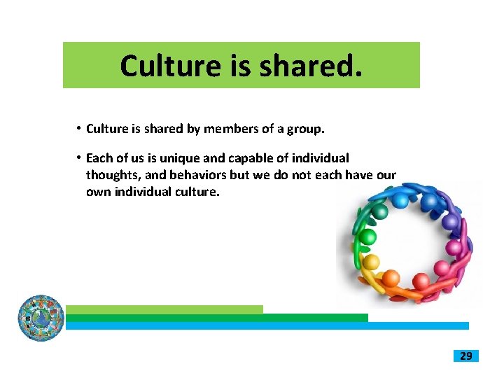 Culture is shared. • Culture is shared by members of a group. • Each