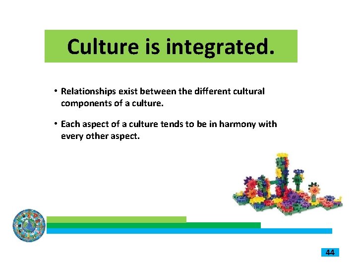 Culture is integrated. • Relationships exist between the different cultural components of a culture.