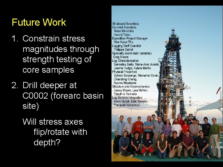 Future Work 1. Constrain stress magnitudes through strength testing of core samples 2. Drill