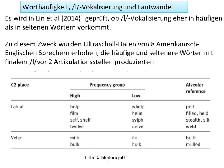 Worthäufigkeit, /l/-Vokalisierung und Lautwandel Es wird in Lin et al (2014)1 geprüft, ob /l/-Vokalisierung