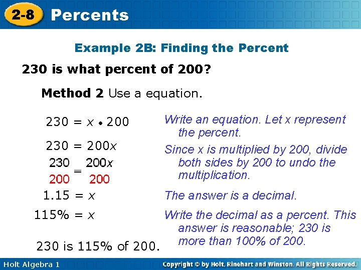 2 -8 Percents Example 2 B: Finding the Percent 230 is what percent of