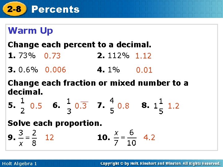 2 -8 Percents Warm Up Change each percent to a decimal. 1. 73% 0.
