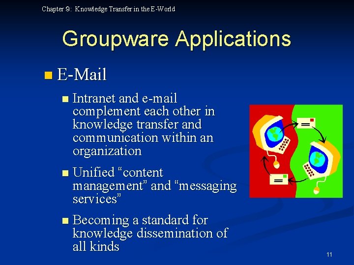 Chapter ９: Knowledge Transfer in the E-World Groupware Applications n E-Mail n Intranet and