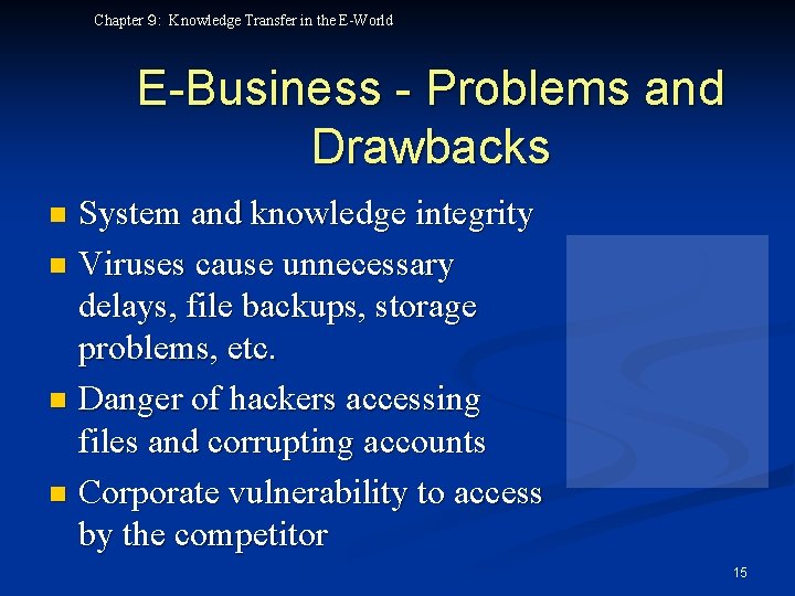 Chapter ９: Knowledge Transfer in the E-World E-Business - Problems and Drawbacks System and