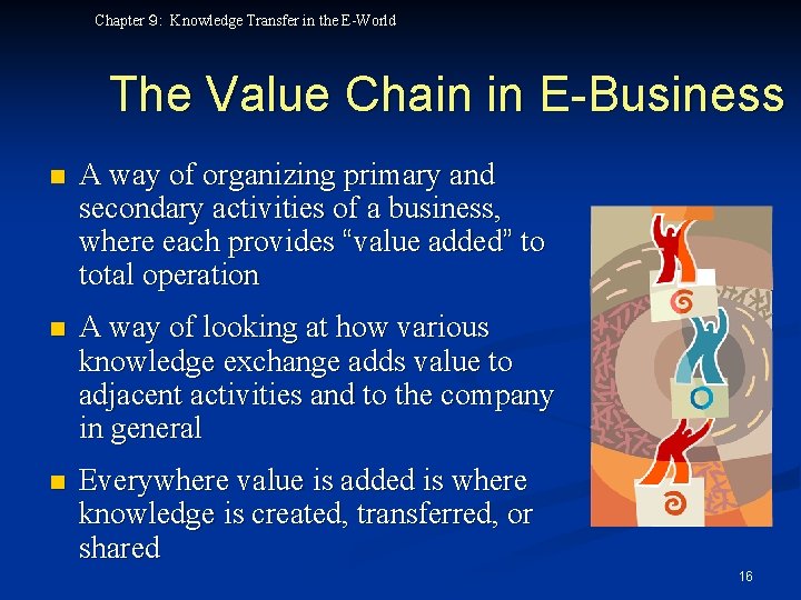 Chapter ９: Knowledge Transfer in the E-World The Value Chain in E-Business n A