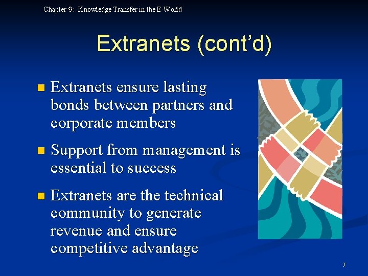 Chapter ９: Knowledge Transfer in the E-World Extranets (cont’d) n Extranets ensure lasting bonds