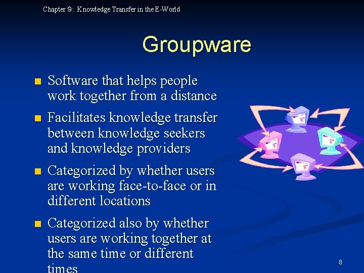 Chapter ９: Knowledge Transfer in the E-World Groupware n Software that helps people work