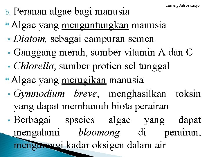 Danang Adi Prasetyo Peranan algae bagi manusia Algae yang menguntungkan manusia • Diatom, sebagai