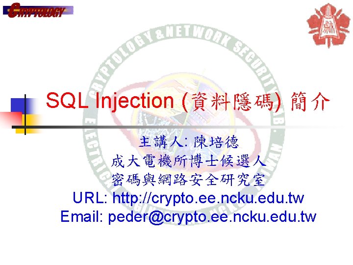 SQL Injection (資料隱碼) 簡介 主講人: 陳培德 成大電機所博士候選人 密碼與網路安全研究室 URL: http: //crypto. ee. ncku. edu.