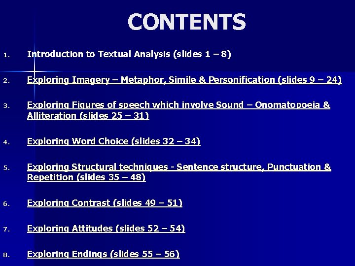 CONTENTS 1. Introduction to Textual Analysis (slides 1 – 8) 2. Exploring Imagery –