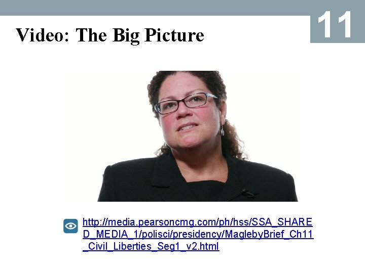 Video: The Big Picture http: //media. pearsoncmg. com/ph/hss/SSA_SHARE D_MEDIA_1/polisci/presidency/Magleby. Brief_Ch 11 _Civil_Liberties_Seg 1_v 2.
