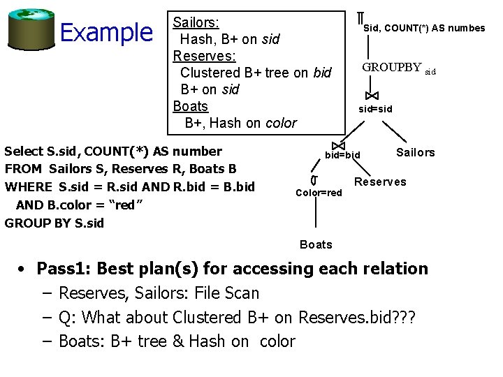Example Sailors: Hash, B+ on sid Reserves: Clustered B+ tree on bid B+ on