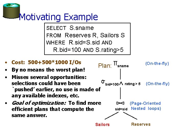 Motivating Example SELECT S. sname FROM Reserves R, Sailors S WHERE R. sid=S. sid