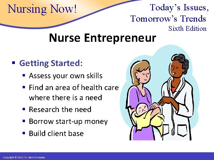 Nursing Now! Today’s Issues, Tomorrow’s Trends Nurse Entrepreneur § Getting Started: § Assess your