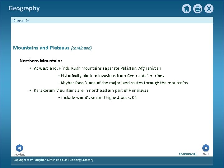 Geography Chapter 24 1 Mountains and Plateaus {continued} Northern Mountains • At west end,