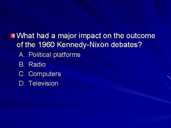 What had a major impact on the outcome of the 1960 Kennedy-Nixon debates? A.