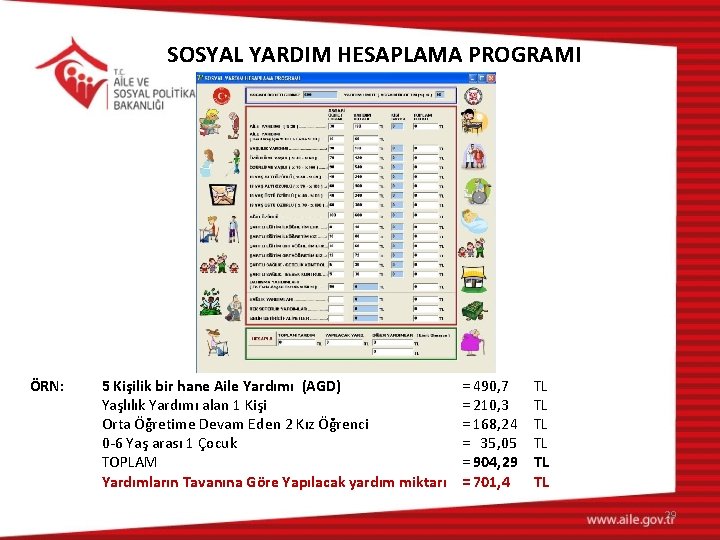 SOSYAL YARDIM HESAPLAMA PROGRAMI ÖRN: 5 Kişilik bir hane Aile Yardımı (AGD) Yaşlılık Yardımı