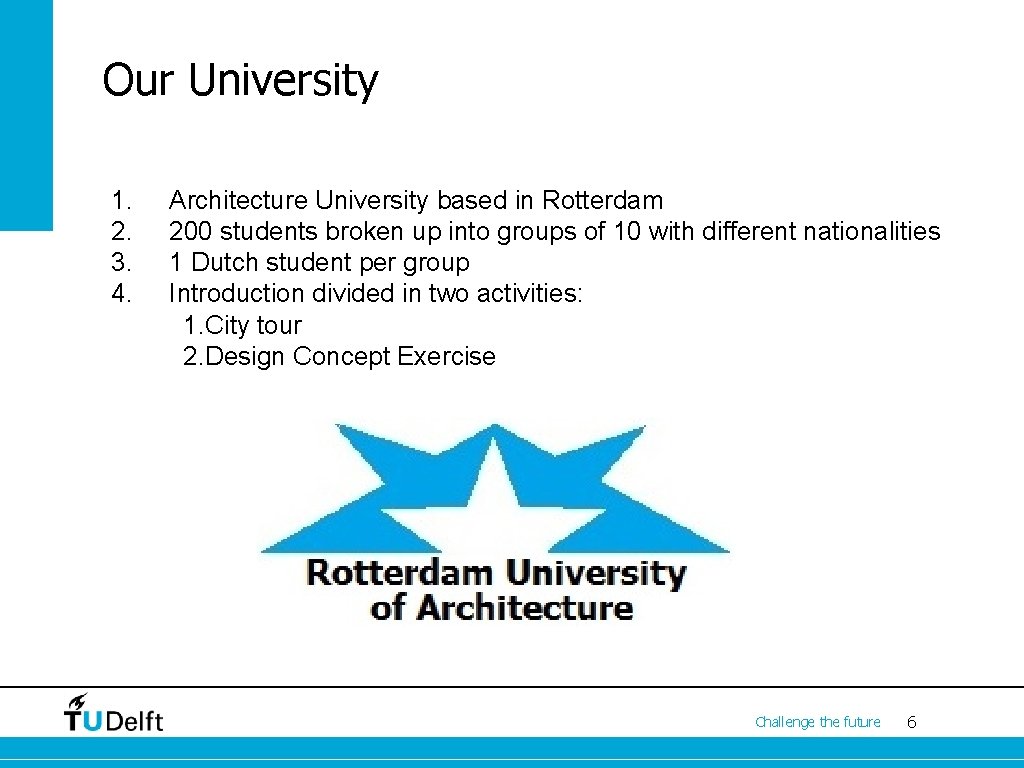 Our University 1. 2. 3. 4. Architecture University based in Rotterdam 200 students broken