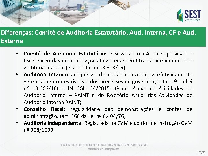 Diferenças: Comitê de Auditoria Estatutário, Aud. Interna, CF e Aud. Externa • • Comitê