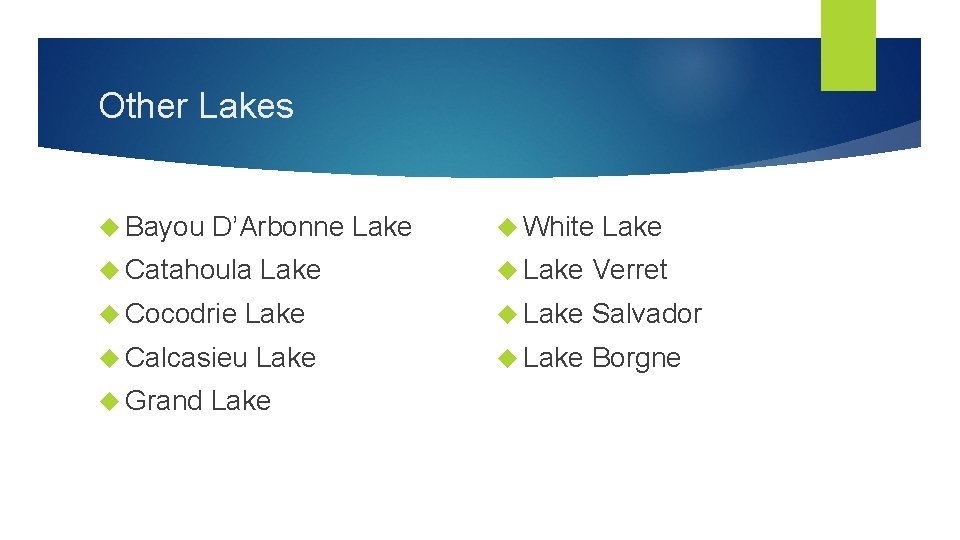 Other Lakes Bayou D’Arbonne Lake Catahoula Cocodrie Lake Calcasieu Grand Lake White Lake Verret