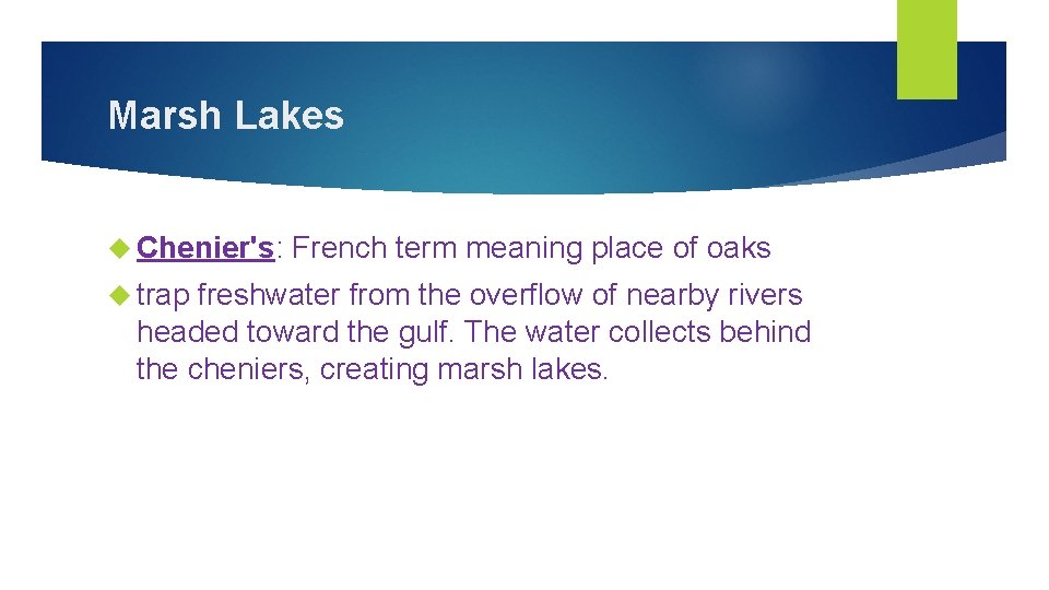 Marsh Lakes Chenier's: trap French term meaning place of oaks freshwater from the overflow