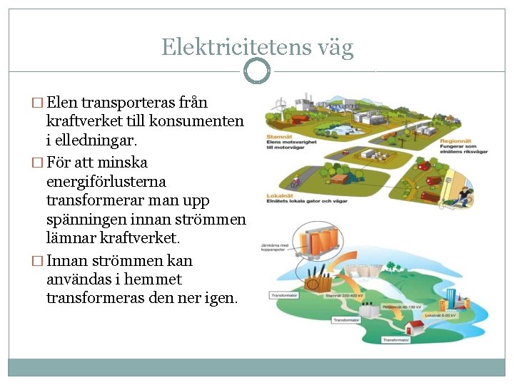 Elektricitetens väg � Elen transporteras från kraftverket till konsumenten i elledningar. � För att Elektricitetens väg � Elen transporteras från kraftverket till konsumenten i elledningar. � För att
