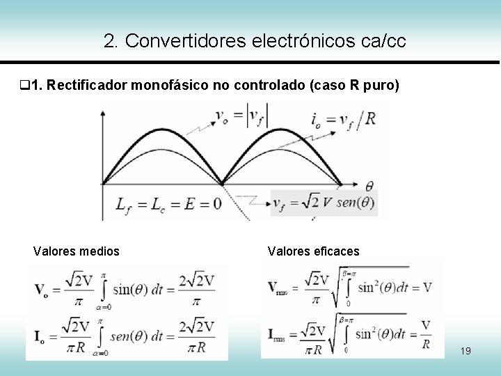 2. Convertidores electrónicos ca/cc 1. Rectificador monofásico no controlado (caso R puro) Valores medios