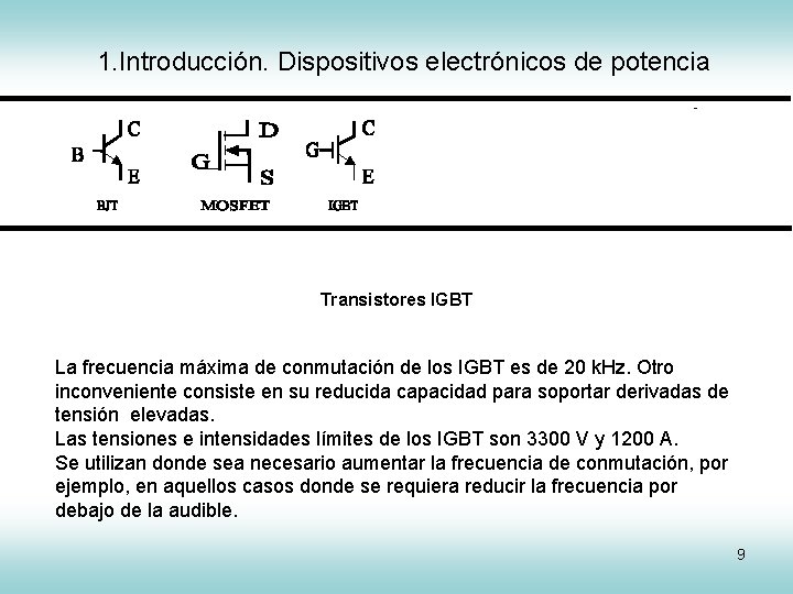 1. Introducción. Dispositivos electrónicos de potencia IGCT Transistores IGBT La frecuencia máxima de conmutación