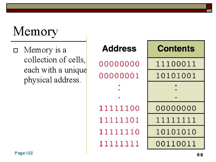 Memory o Memory is a collection of cells, each with a unique physical address.