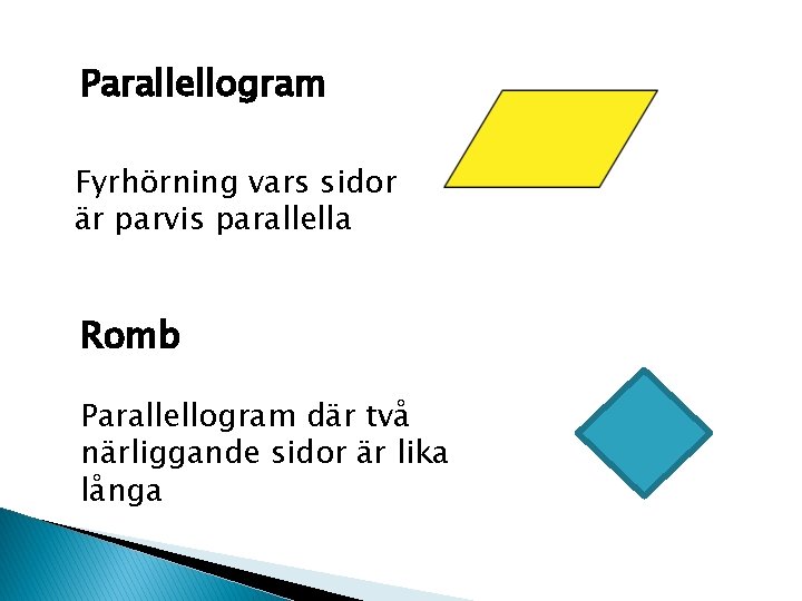 Parallellogram Fyrhörning vars sidor är parvis parallella Romb Parallellogram där två närliggande sidor är