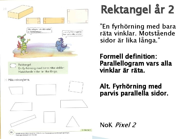 Rektangel år 2 ”En fyrhörning med bara räta vinklar. Motstående sidor är lika långa.