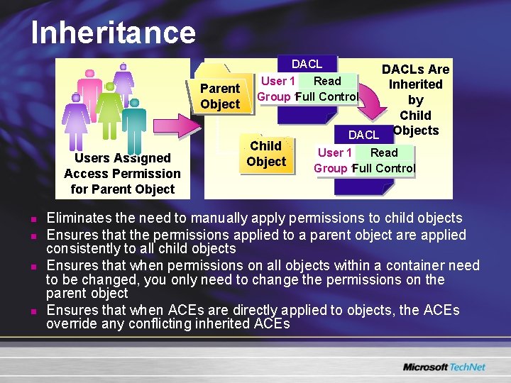 Inheritance Parent Object Users Assigned Access Permission for Parent Object n n DACL User Inheritance Parent Object Users Assigned Access Permission for Parent Object n n DACL User